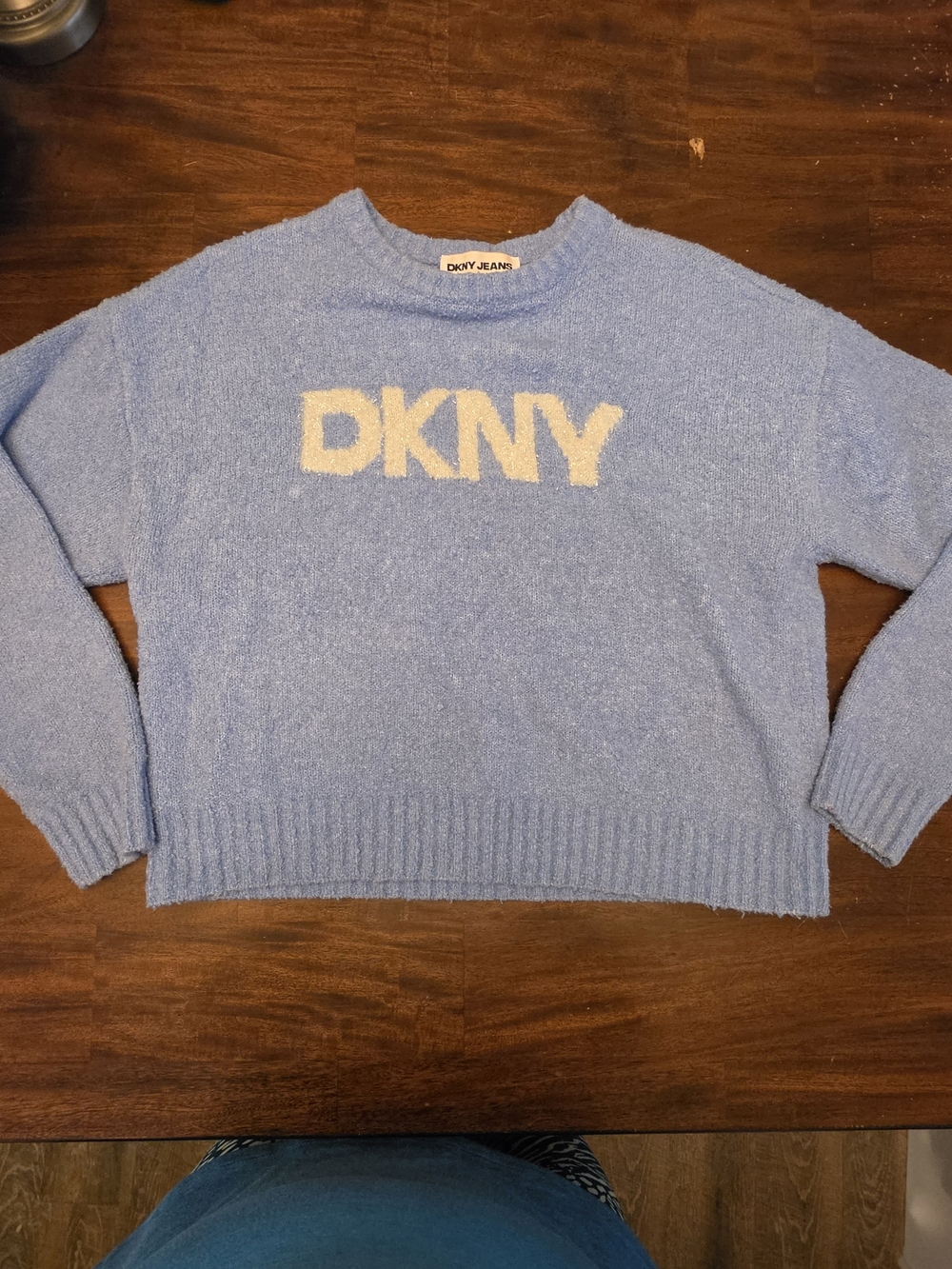DKNY Jeans Blue Fuzzy Knit Logo Pullover Crewneck Sweater